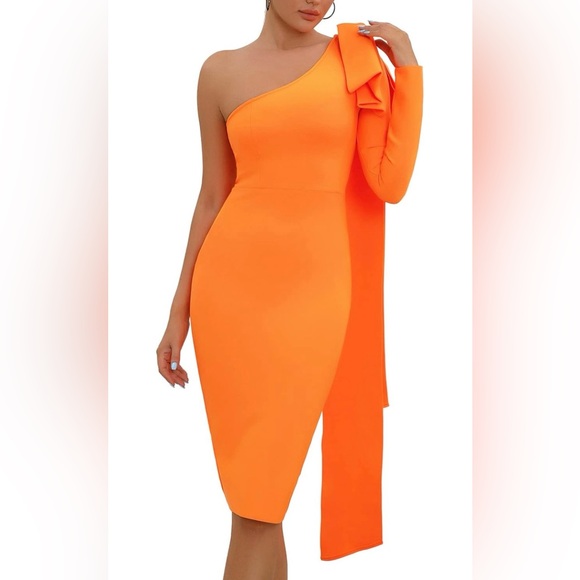 Chic Asymmetrical Orange Bodycon Dress Holiday Party Glow Up - Picture 2 of 16